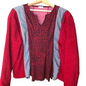 Upcycled Patchwork Pullover Shirt, Size M-L: Mixed Print Spliced Floral Blouse